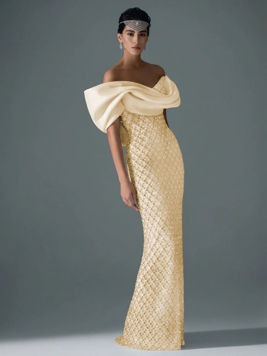 Sheath/Column Off Shoulder Sequin Floor-Length Evening Dresses with Asymmetrical Sleeve & Bow