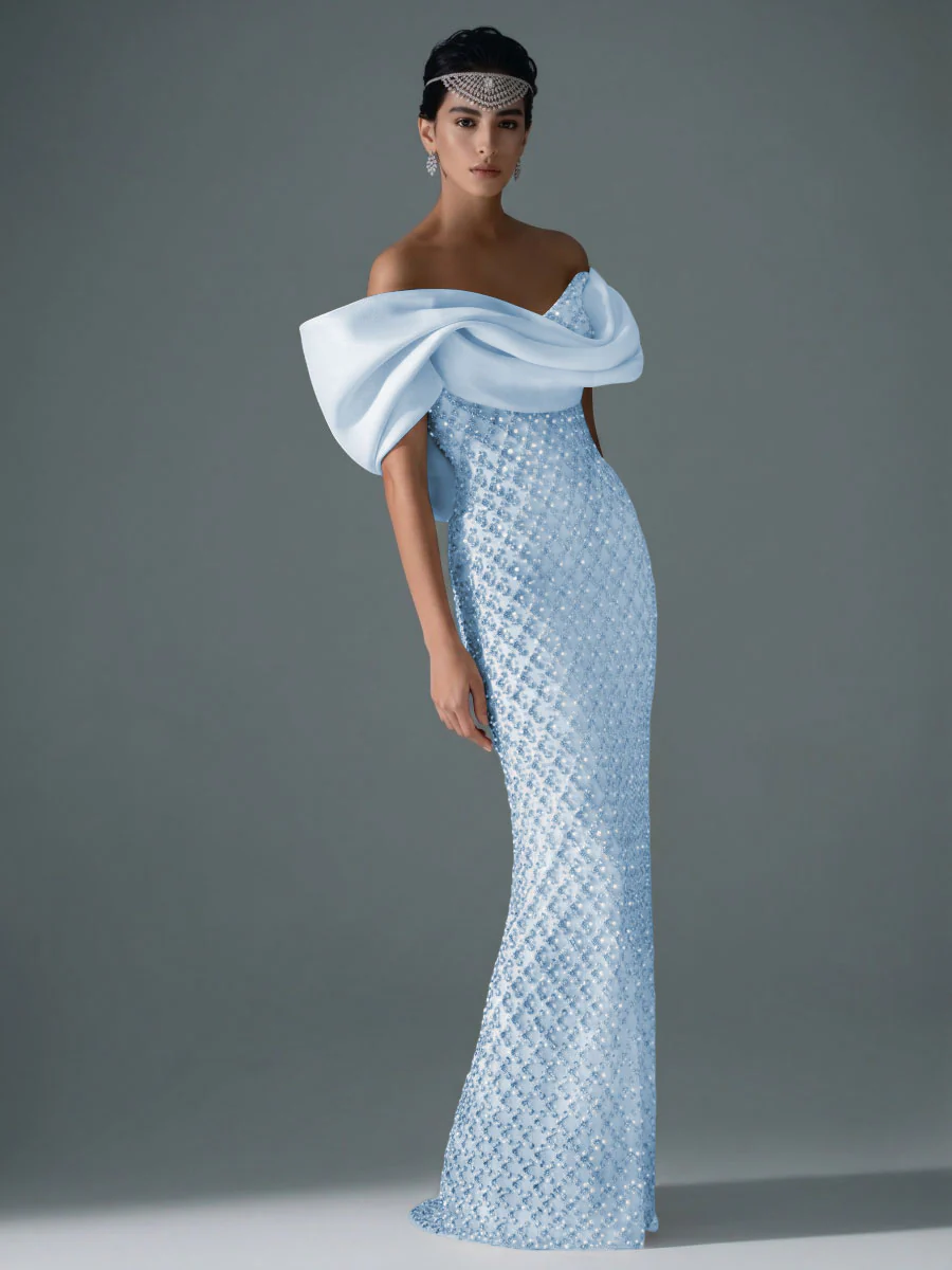 Sheath/Column Off Shoulder Sequin Floor-Length Evening Dresses with Asymmetrical Sleeve & Bow