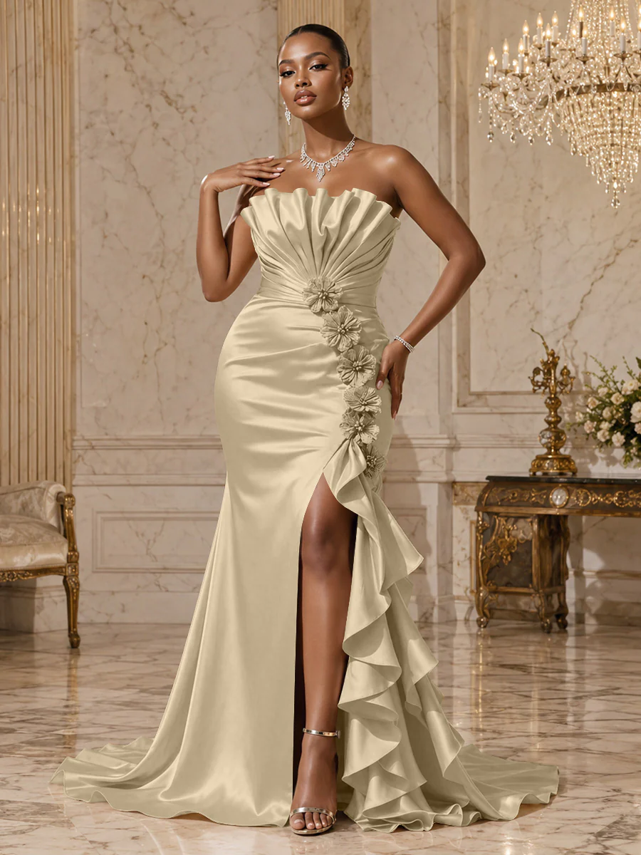 Satin Sheath/Column Strapless Floor-Length Evening Dresses with Ruffles, Ruched Bodice & Slit