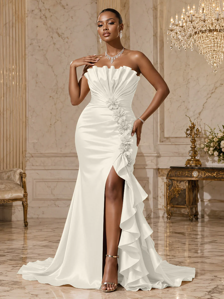 Satin Sheath/Column Strapless Floor-Length Evening Dresses with Ruffles, Ruched Bodice & Slit