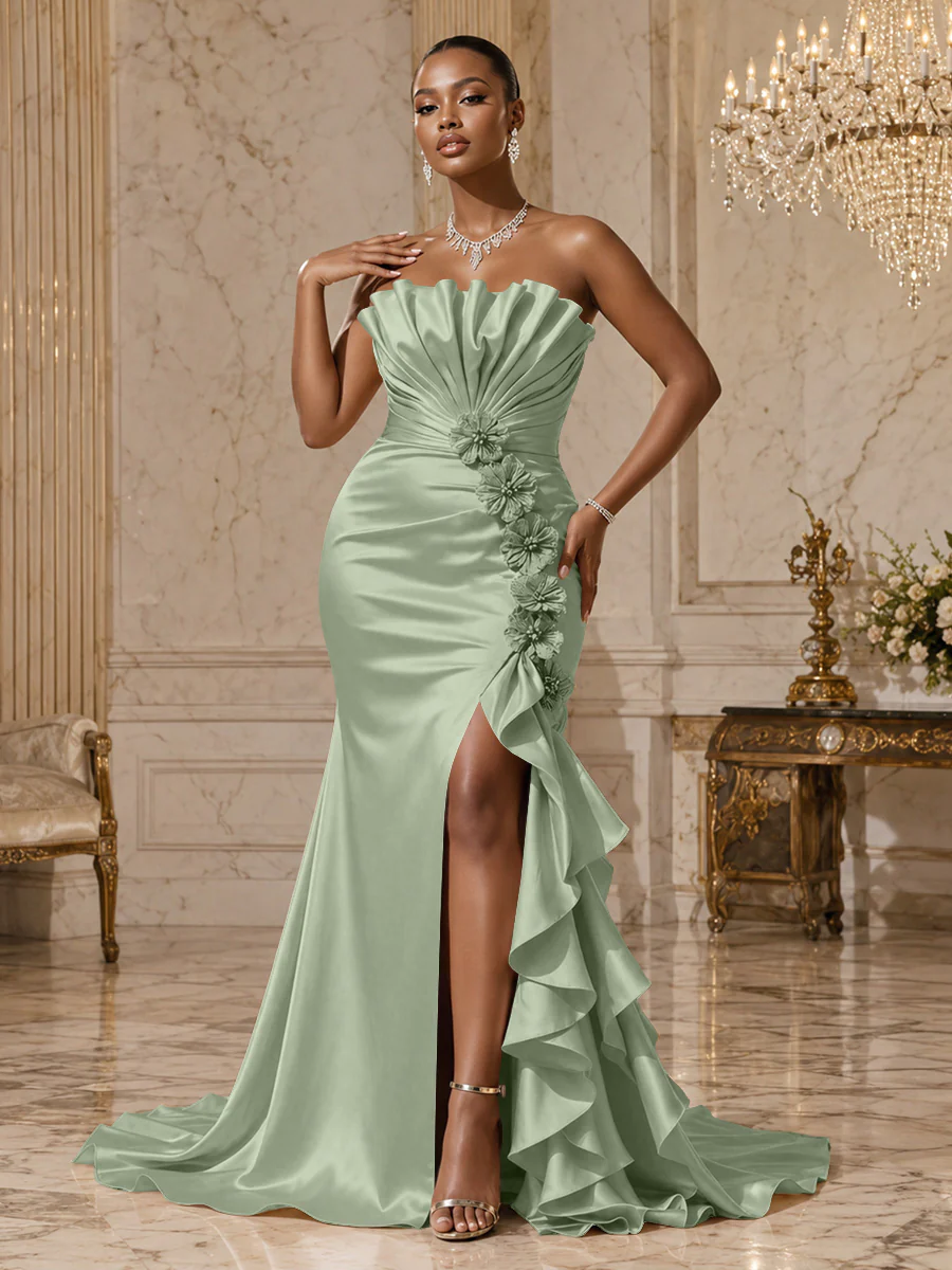 Satin Sheath/Column Strapless Floor-Length Evening Dresses with Ruffles, Ruched Bodice & Slit