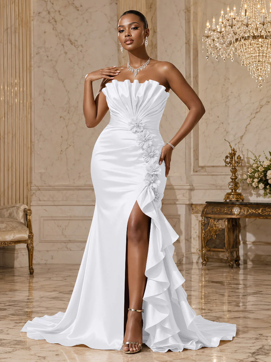 Satin Sheath/Column Strapless Floor-Length Evening Dresses with Ruffles, Ruched Bodice & Slit