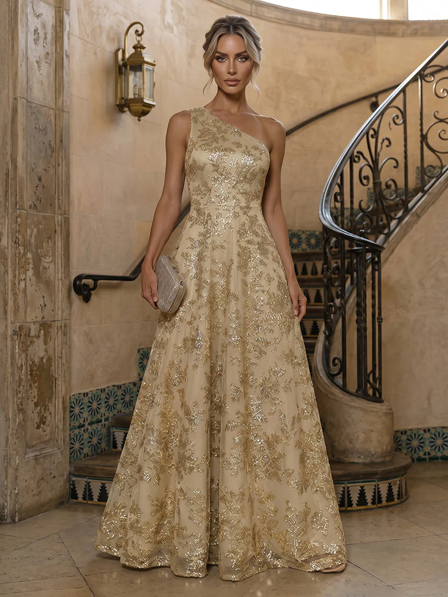 Sequin Floral A-Line/Princess One Shoulder Floor-Length Evening Dresses with Pleats