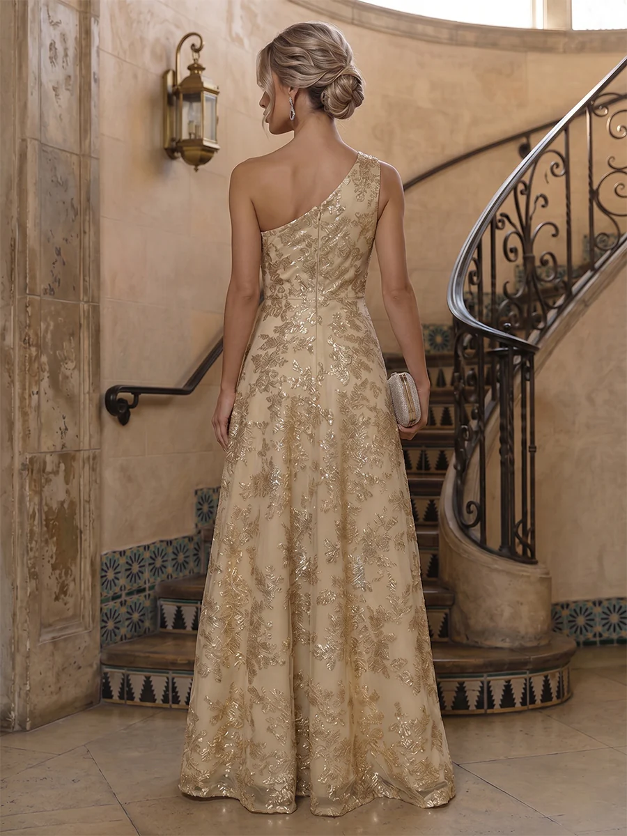 Sequin Floral A-Line/Princess One Shoulder Floor-Length Evening Dresses with Pleats