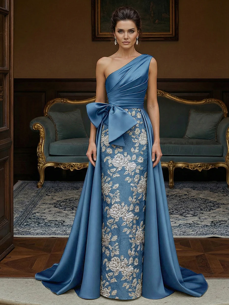Jacquard Sheath One-Shoulder Ruched Long Evening Dresses with Bow