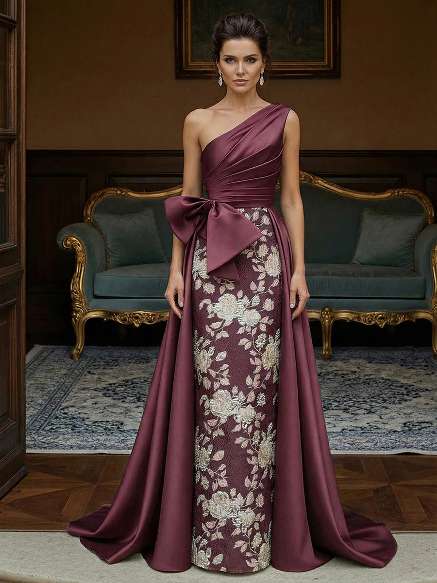 Jacquard Sheath One-Shoulder Ruched Long Evening Dresses with Bow