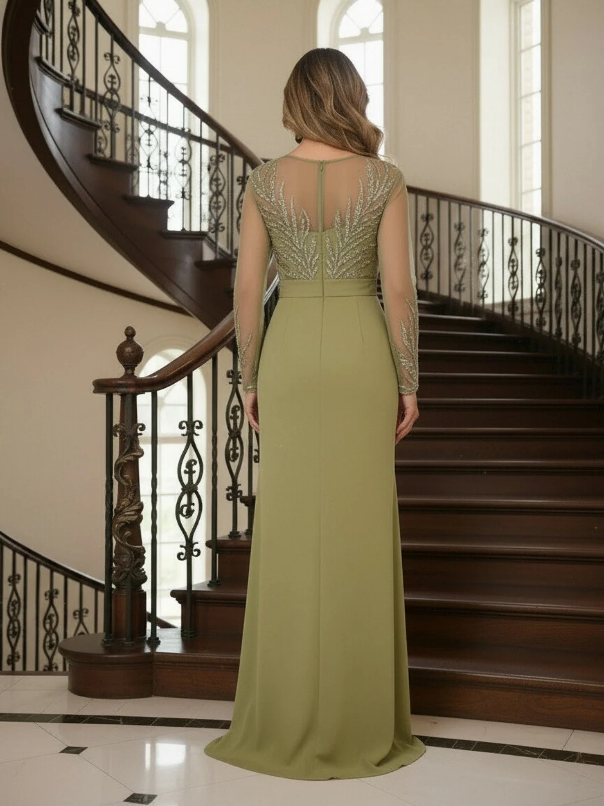 Long Sleeve Beaded Mesh Overlay Evening Gown