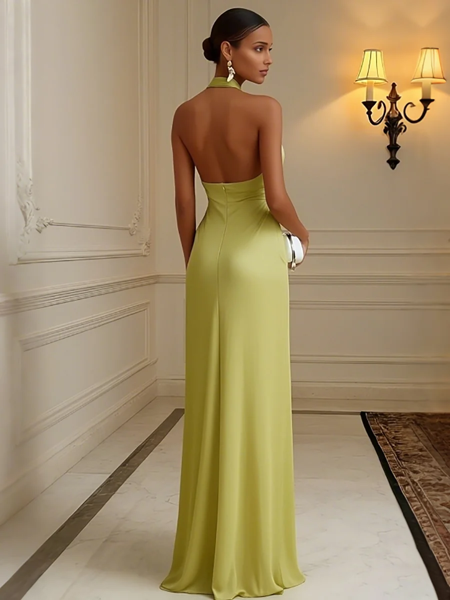 A Line Chiffon Halter Ruched Long Chic Formal Dresses with Pleats