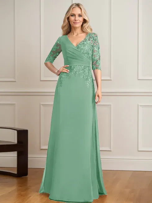 A-line V-Neck Floor-Length Lace Chiffon Mother of the Bride Dress With Pleated Sequins
