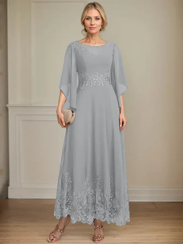 A-line Scoop Illusion Ankle-Length Lace Chiffon Mother of the Bride Dress With Sequins