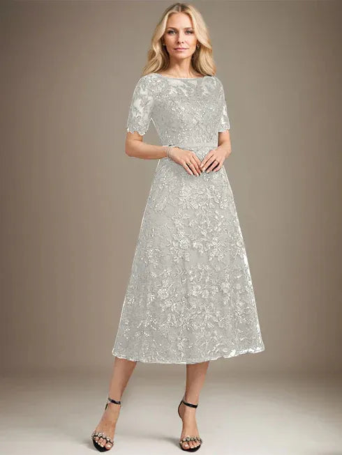 A-line Scoop Illusion Tea-Length Lace Mother of the Bride Dress With Sequins