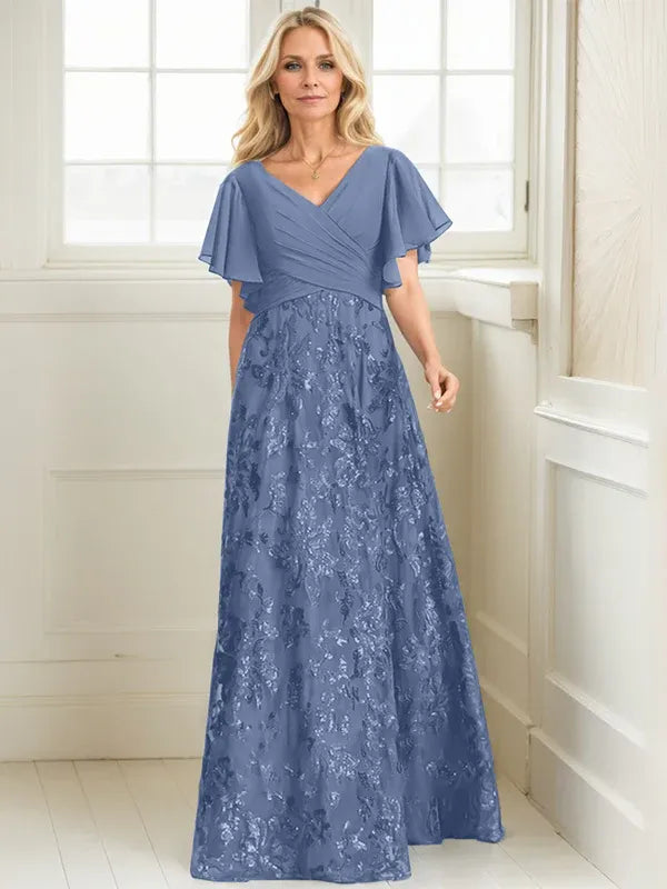 A-line V-Neck Floor-Length Lace Sequin Chiffon Mother of the Bride Dress With Pleated