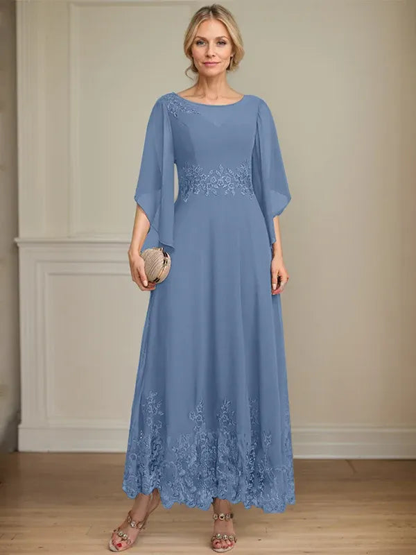 A-line Scoop Illusion Ankle-Length Lace Chiffon Mother of the Bride Dress With Sequins