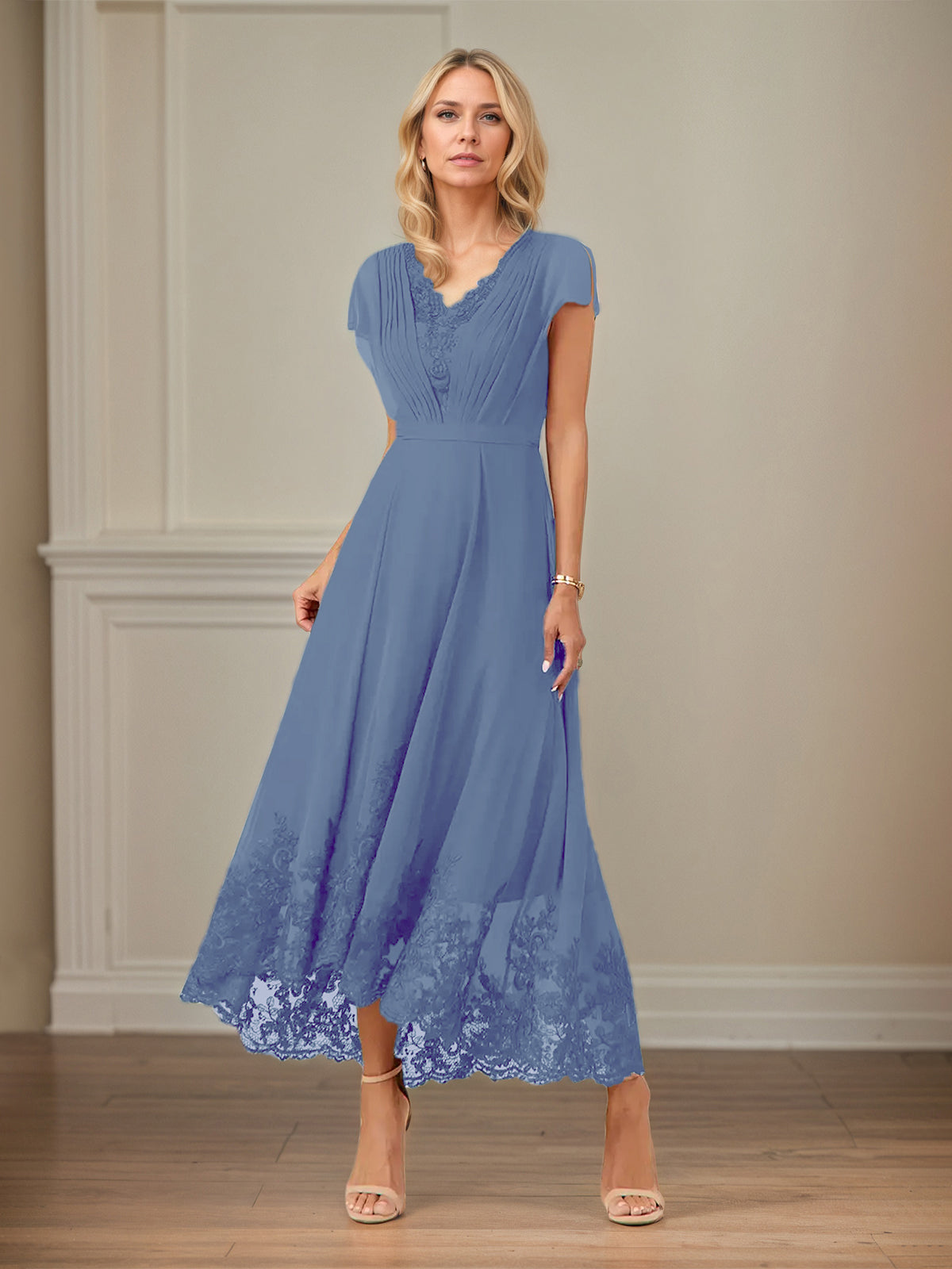 A Line V Neck Flutter Sleeve Ankle Length Chiffon Dress With Appliques