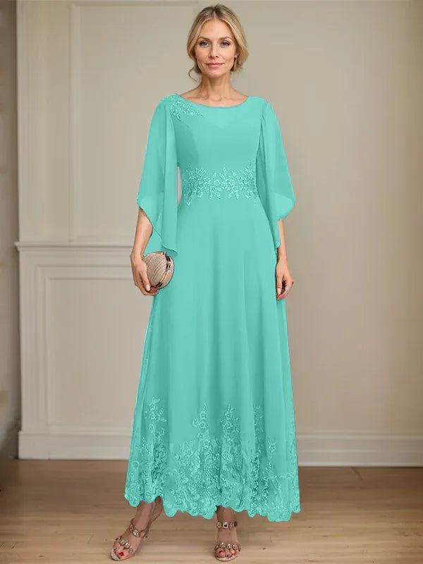 A-line Scoop Illusion Ankle-Length Lace Chiffon Mother of the Bride Dress With Sequins