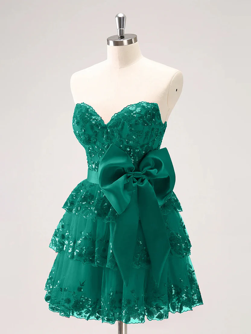 Sparkly A Line Sweetheart Corset Tiered Ruffle Homecoming Dress with Bows