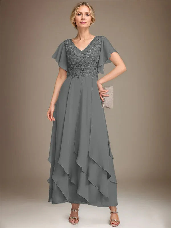 A-line V-Neck Ankle-Length Lace Chiffon Mother of the Bride Dress With Cascading Ruffles