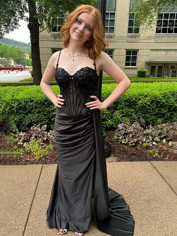 Green Mermaid Spaghetti Straps Bodice Long Prom Dress with Beads