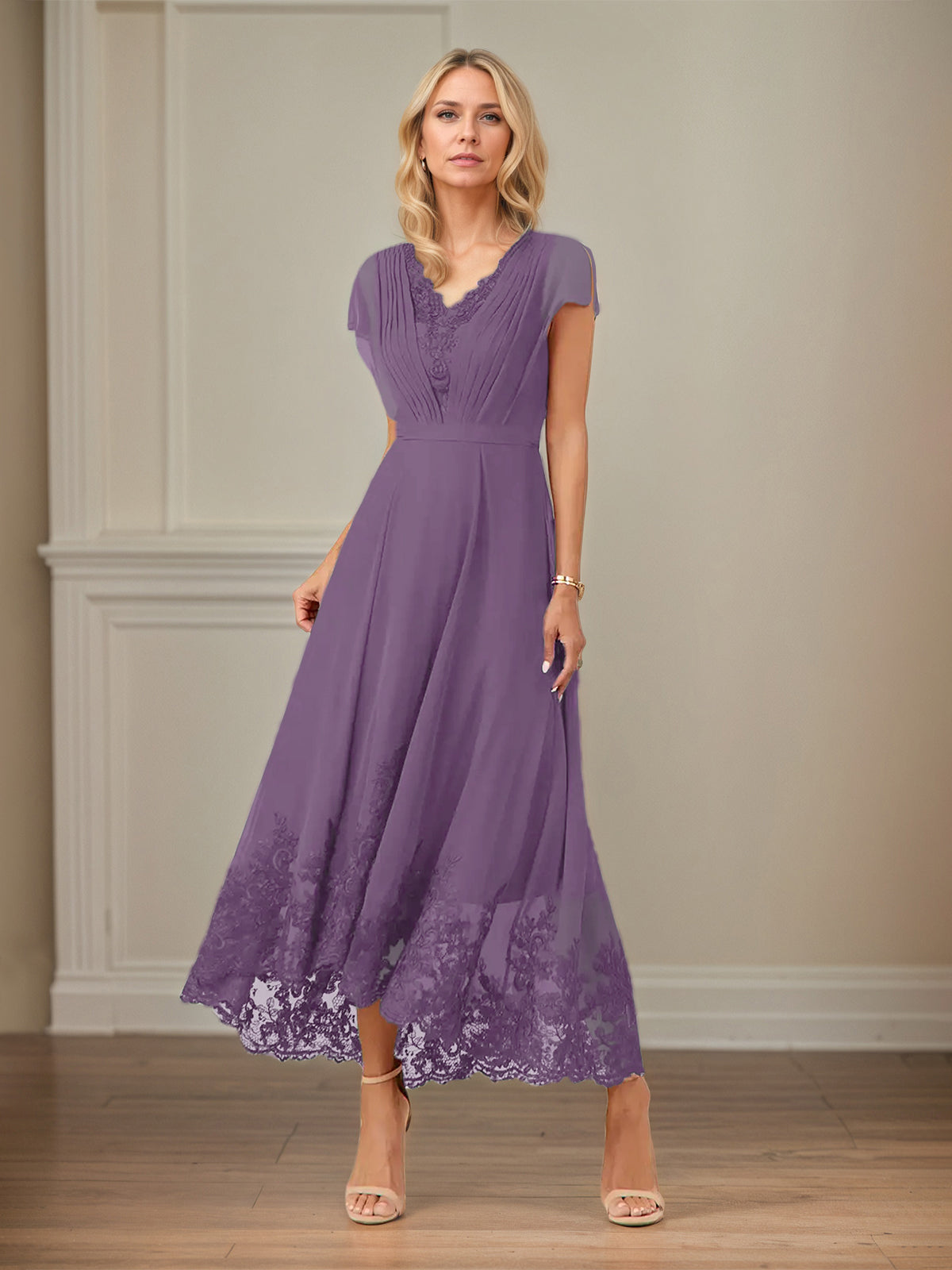 A Line V Neck Flutter Sleeve Ankle Length Chiffon Dress With Appliques