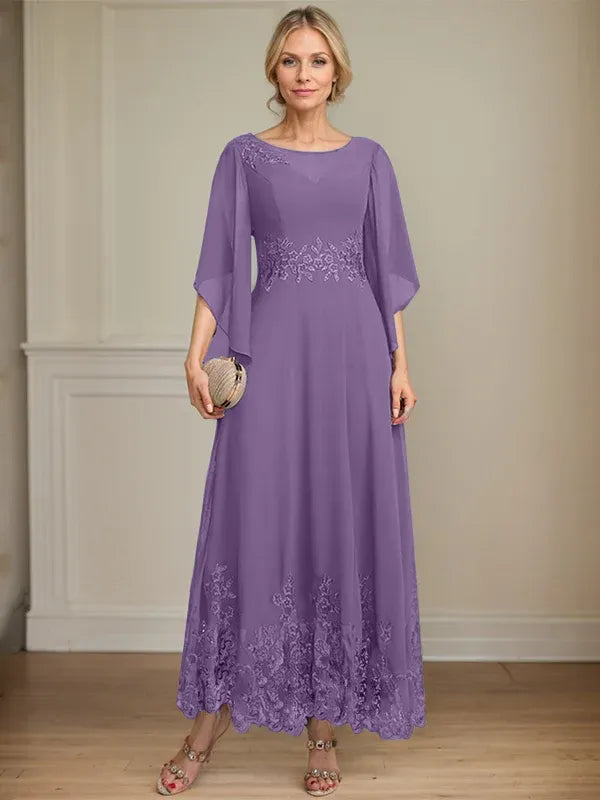 A-line Scoop Illusion Ankle-Length Lace Chiffon Mother of the Bride Dress With Sequins