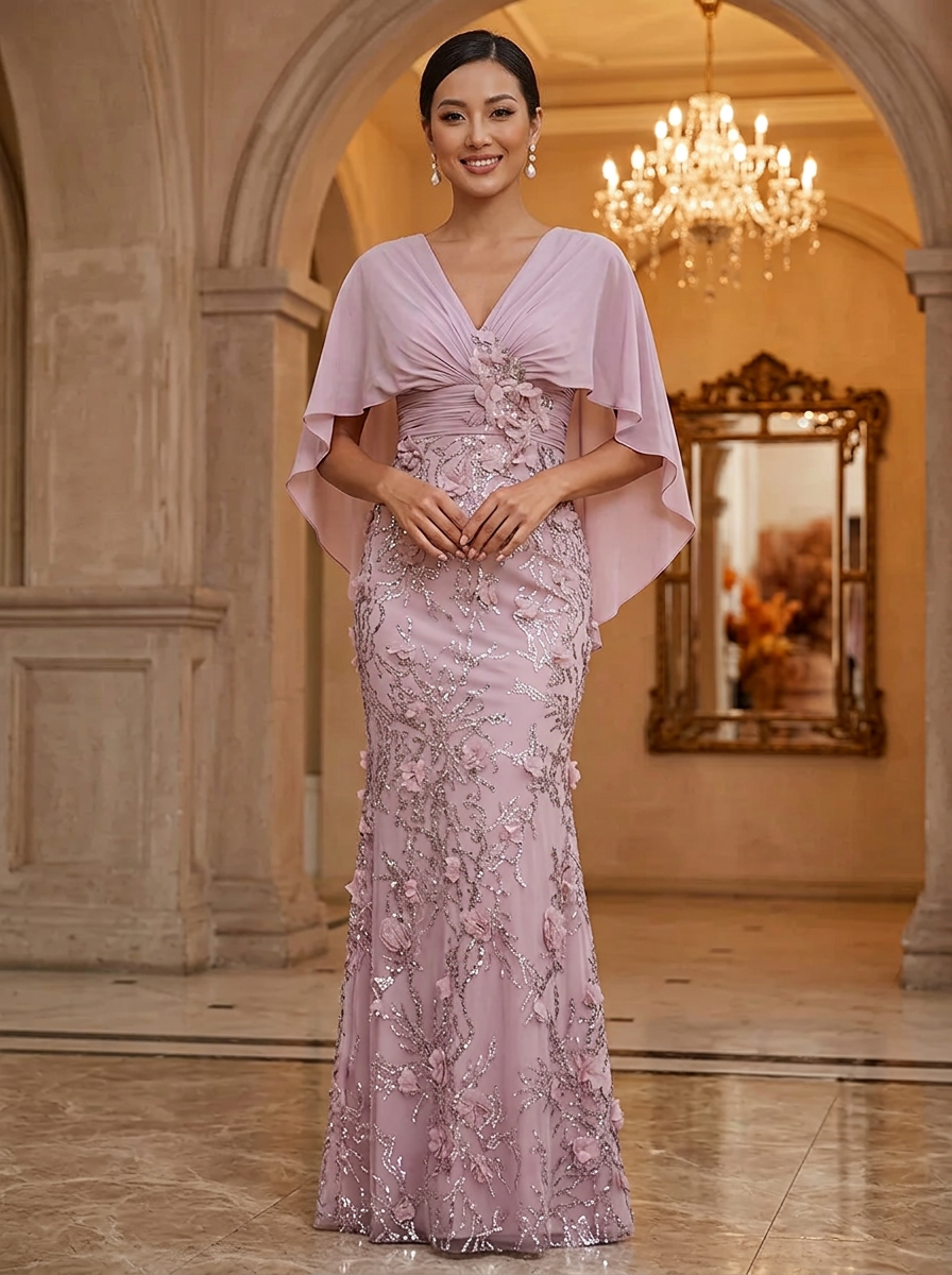Embroidered Chiffon Capelet Evening Gown