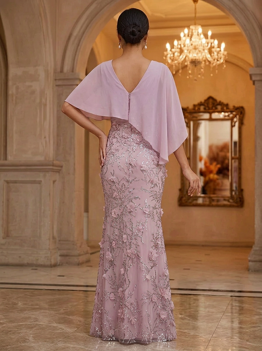 Embroidered Chiffon Capelet Evening Gown