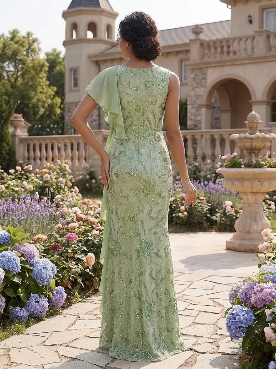 Sleeveless Embroidered Sequin Evening Gown With Ruffle Trim