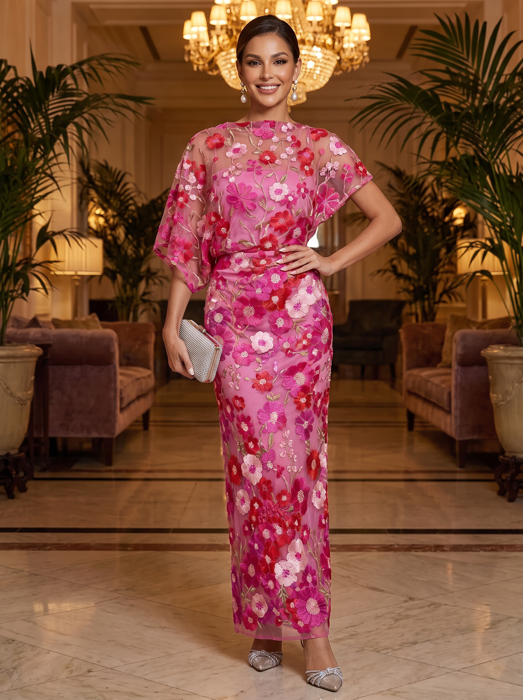 Embroidered Mesh Short Sleeve Maxi Evening Gown