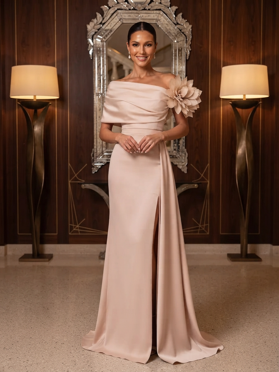 One-Shoulder Draped Satin Evening Gown With 3D Floral Applique