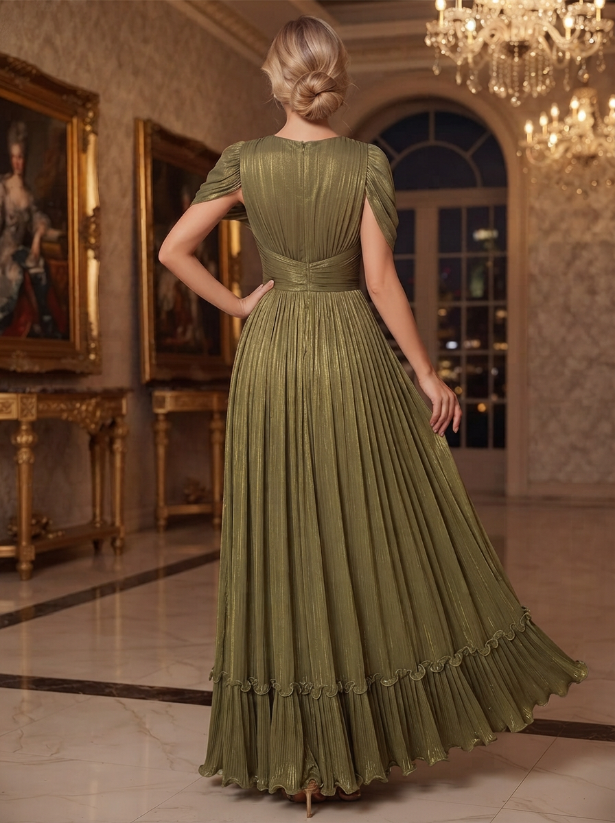 Plunging V-Neck Pleated Chiffon Evening Gown