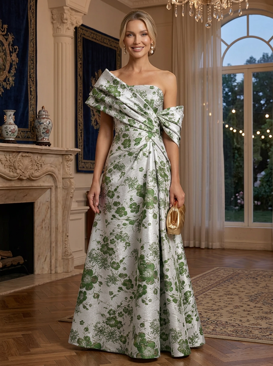 One-Shoulder Pleated Jacquard Evening Gown