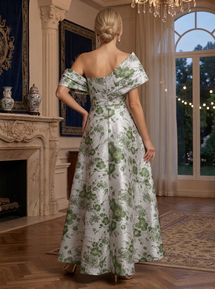One-Shoulder Pleated Jacquard Evening Gown