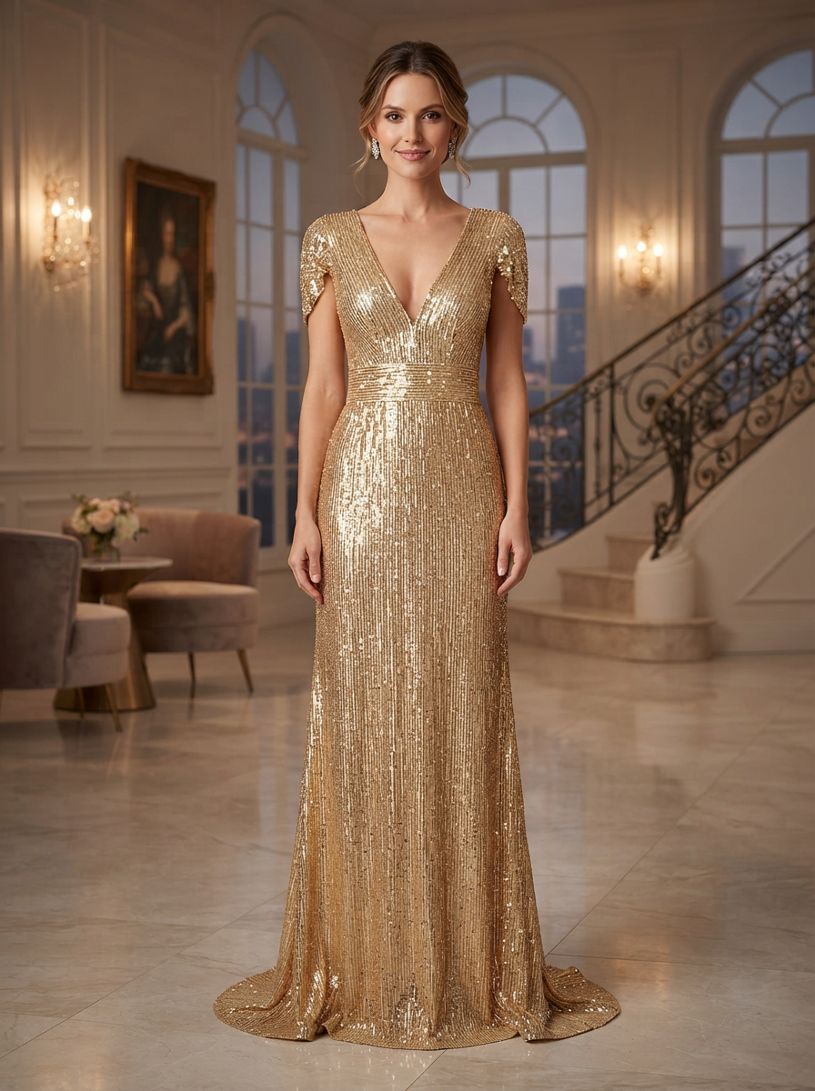 Formal Evening Gold V-Neck Sequins Maxi Dress