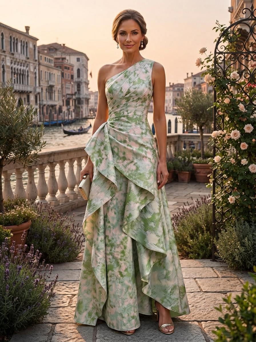 Jacquard A-Line/Princess One Shoulder Floor-Length Evening Dresses with Ruffles