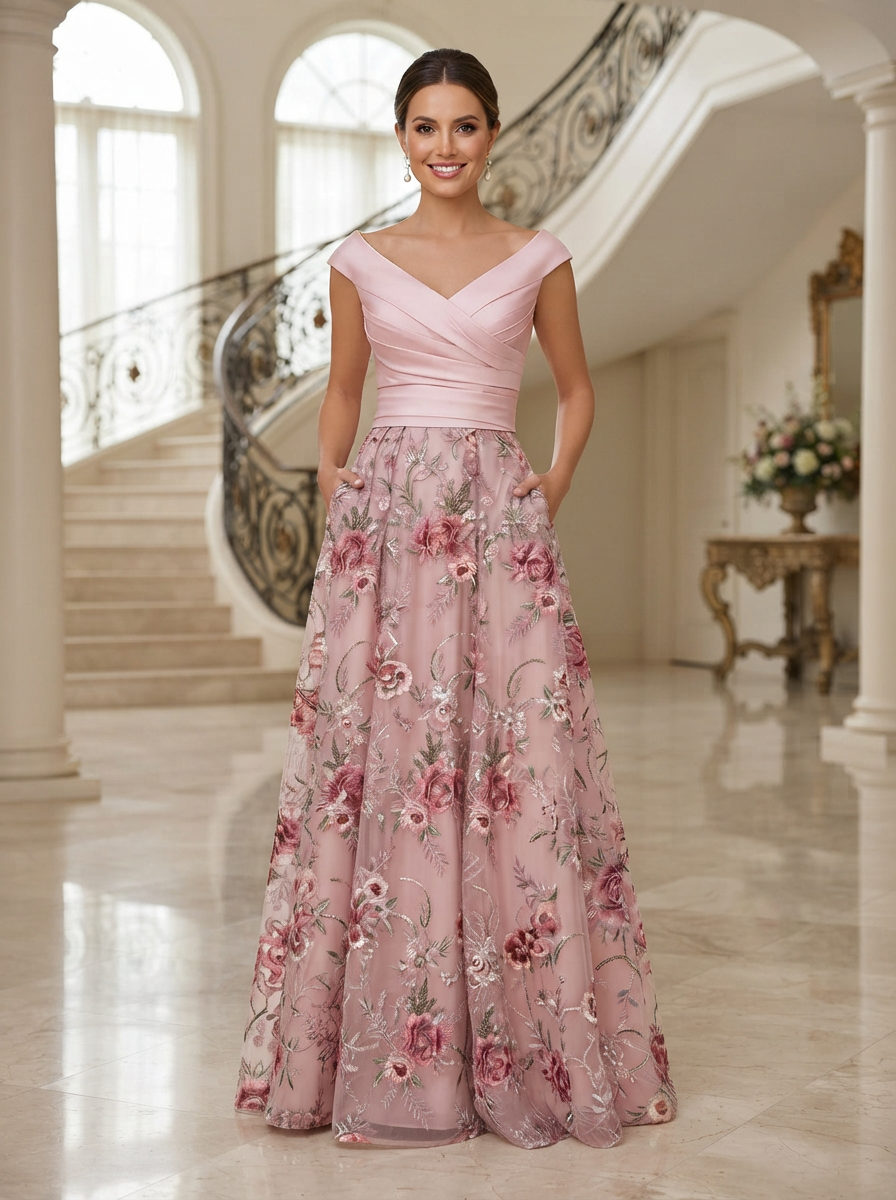 A-Line Floral Jacquard Floor-Length Mother of the Bride & Groom Dresses with Ruched Satin Bodice