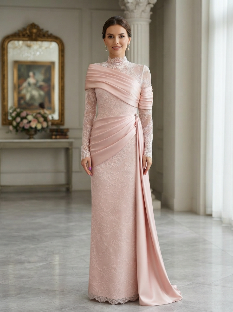 High Neck Long Sleeve Lace Evening Gown With Satin Drape Overlay