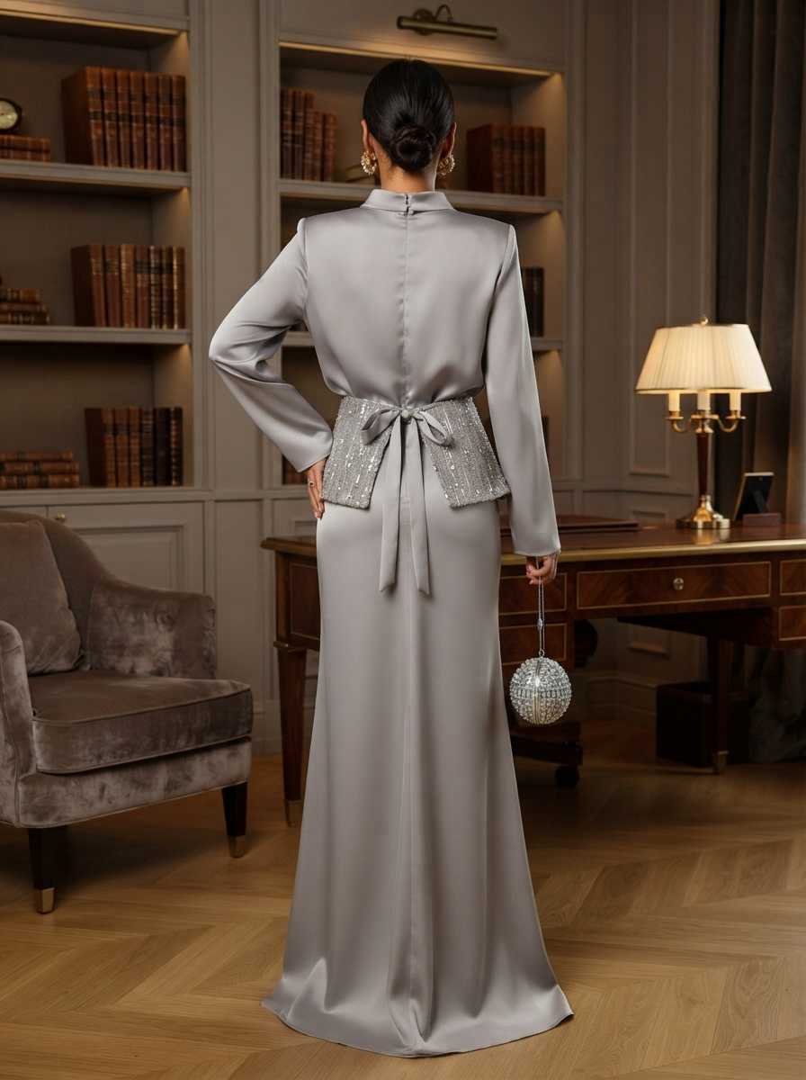 High Neck Long Sleeve Satin Evening Gown With Beaded Peplum
