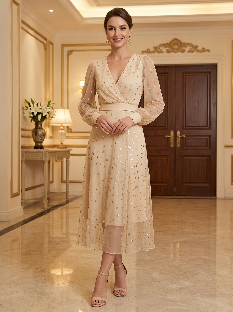 V-Neck Long Sleeve Sequin Tulle Midi Dress