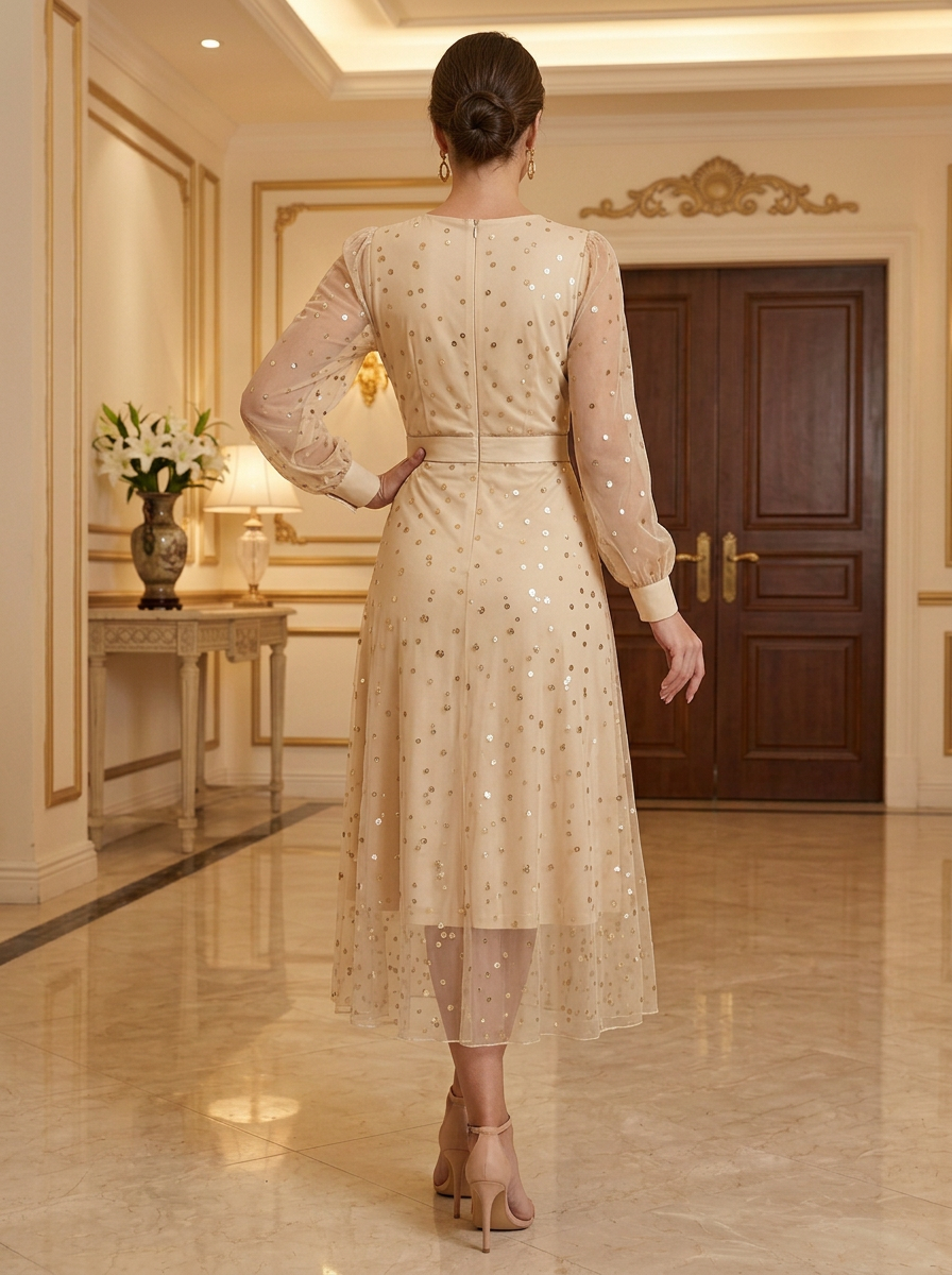 V-Neck Long Sleeve Sequin Tulle Midi Dress