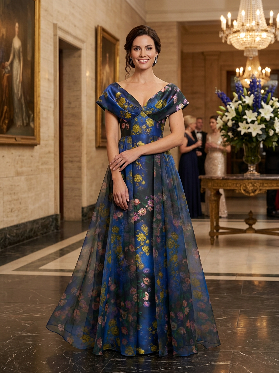 Off-Shoulder Floral Print Organza Evening Gown