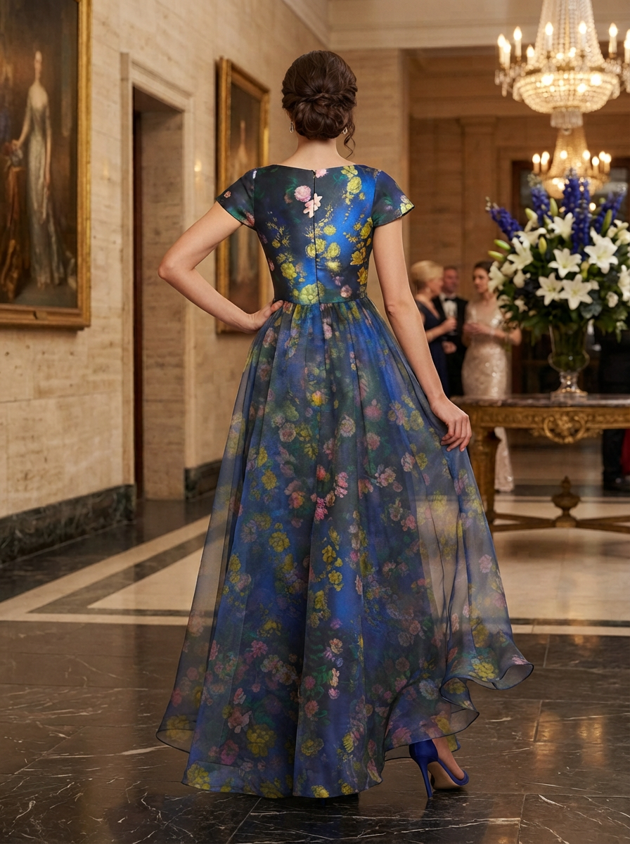 Off-Shoulder Floral Print Organza Evening Gown