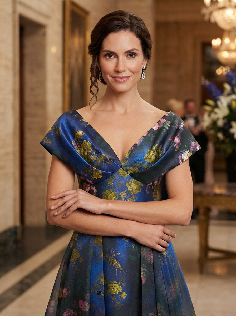 Off-Shoulder Floral Print Organza Evening Gown