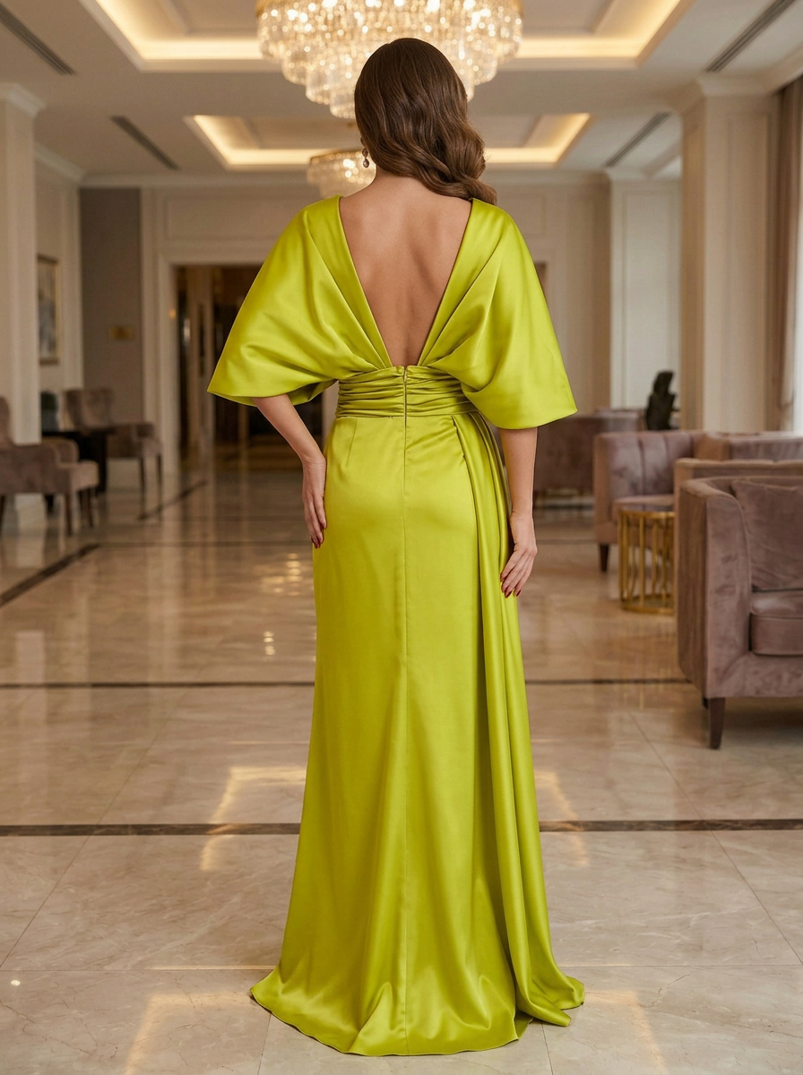 V-Neck Short Sleeve Beaded Satin Evening Dress With Slit