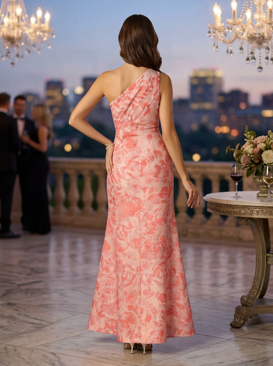 One-Shoulder Floral Jacquard Evening Gown With Slit