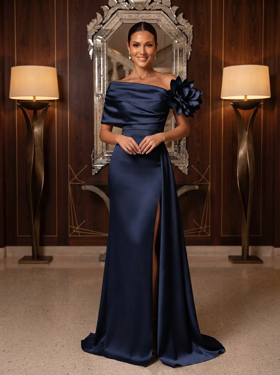 One-Shoulder Draped Satin Evening Gown With 3D Floral Applique