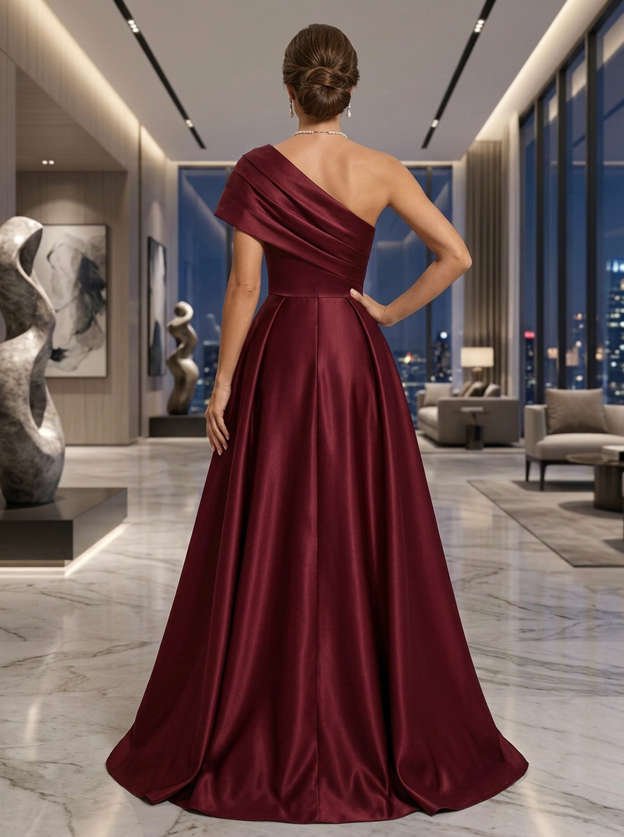 One-Shoulder Pleated Satin Evening Gown With Slit