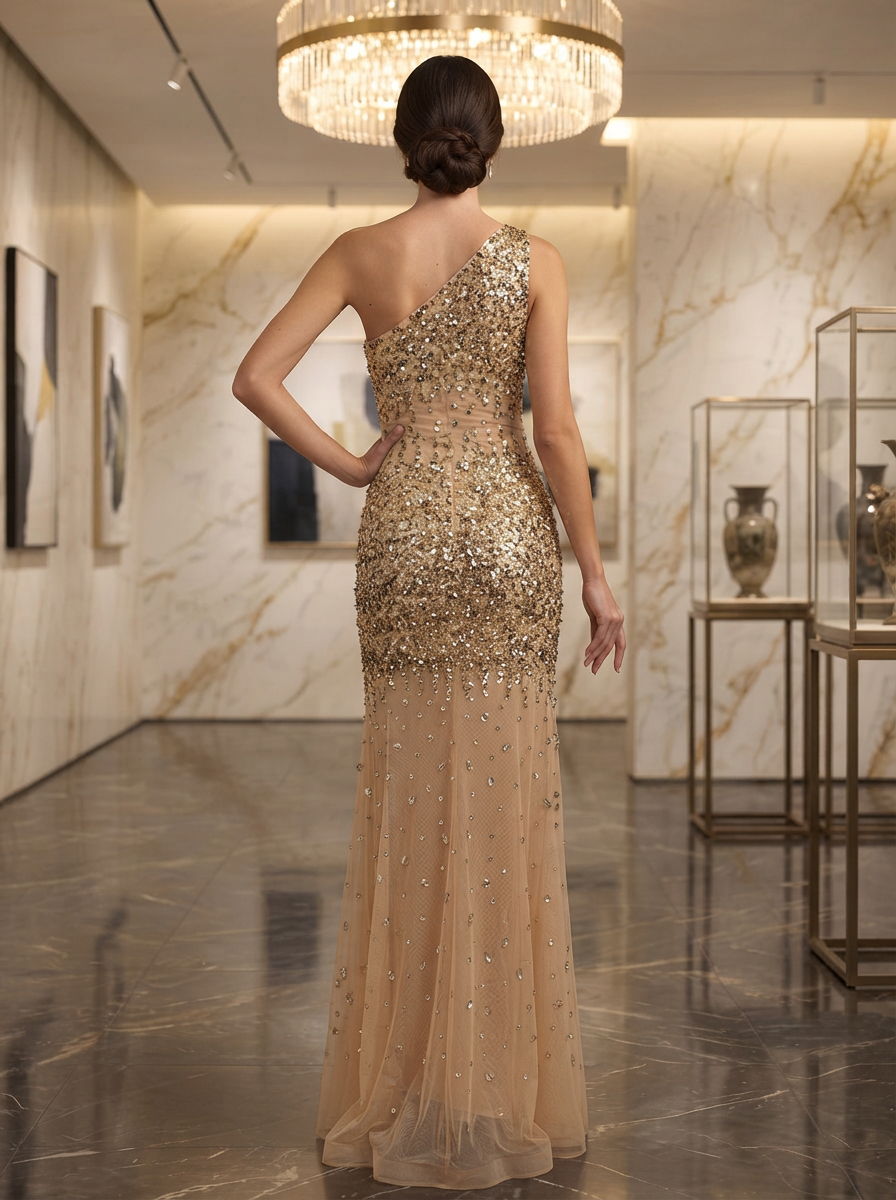 One-Shoulder Sequin Beaded Tulle Evening Gown