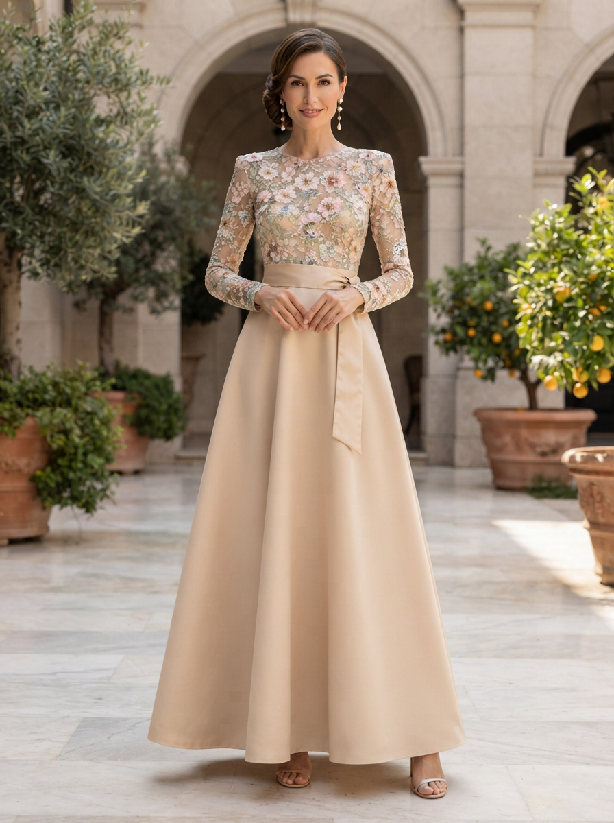 Long Sleeve Floral Embroidered Satin Evening Gown