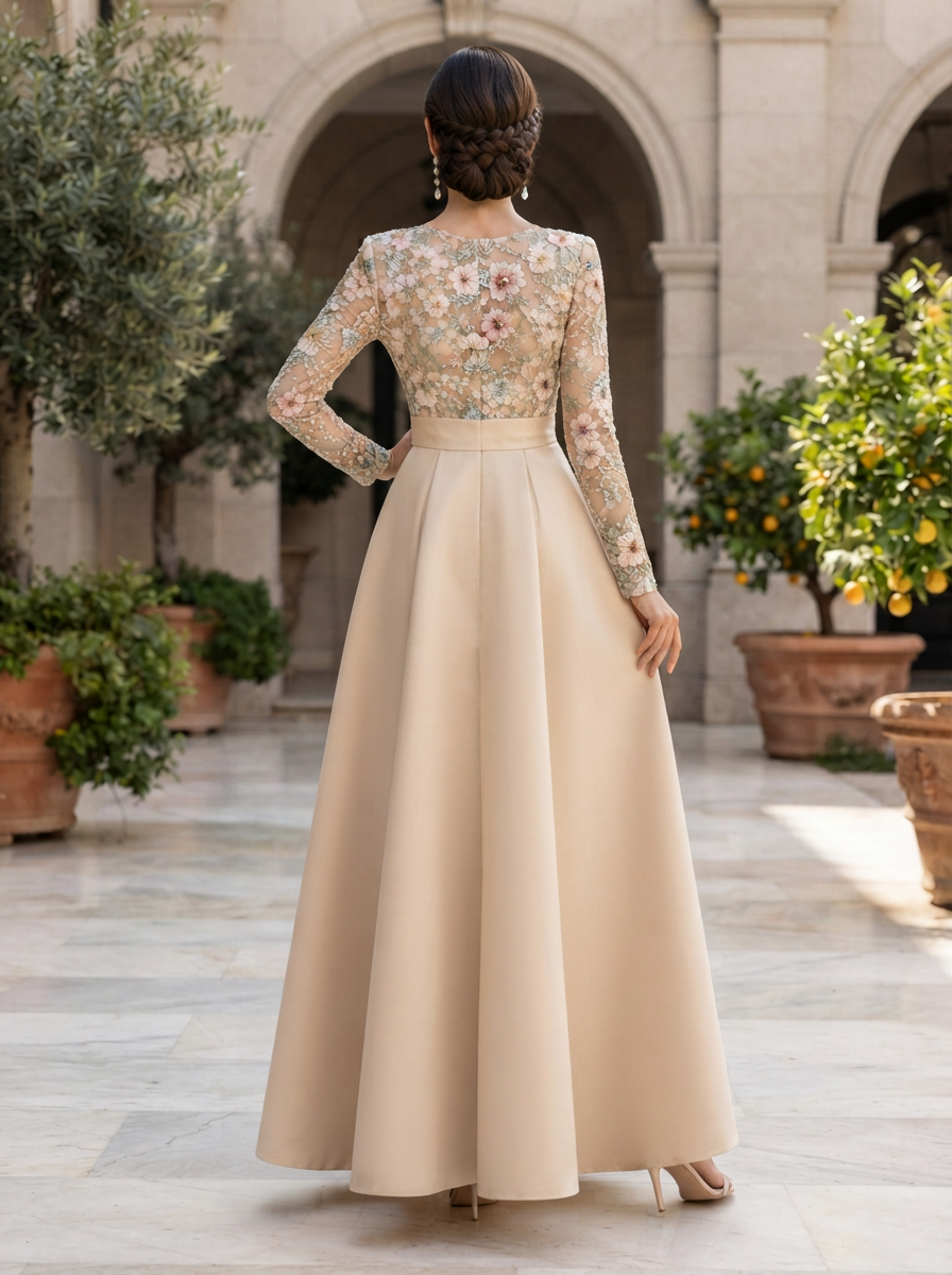 Long Sleeve Floral Embroidered Satin Evening Gown