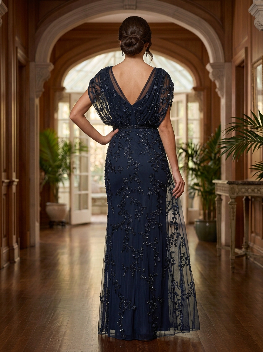 V-Neck Flutter Sleeve Beaded Mesh Evening Gown